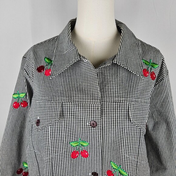 Quacker Factory Black & White Jacket Gingham Cherry Embroidered 1X Rockabilly - Picture 2 of 10